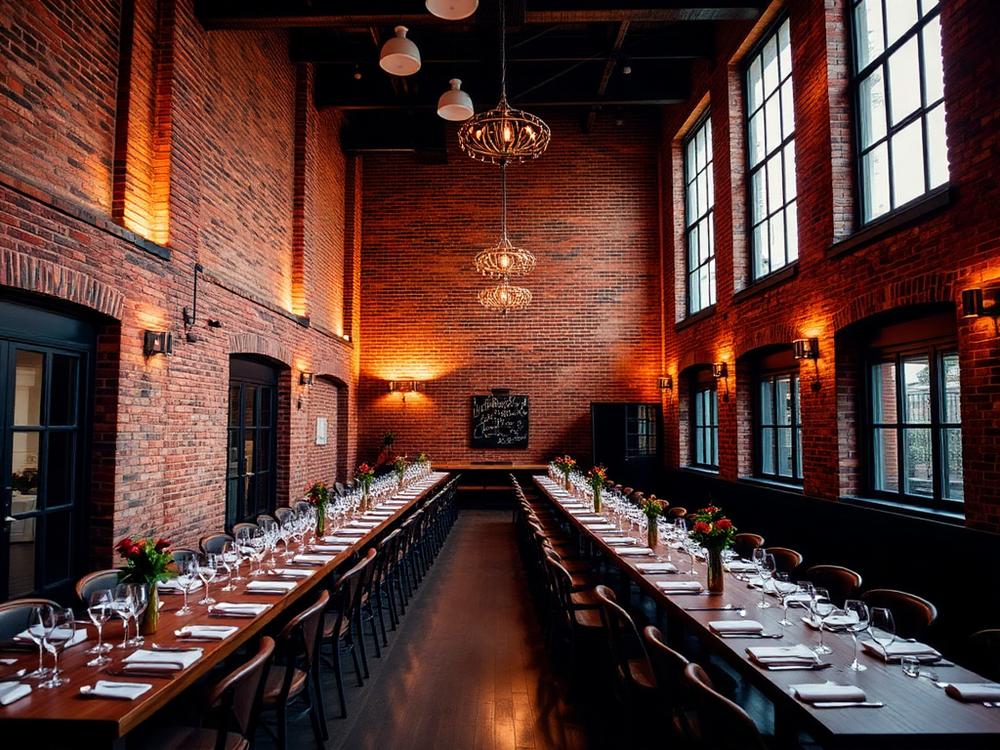 City venue function room set for a wedding reception dinner